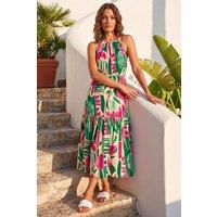 Roman Women's Petite Print Tiered Hem Maxi Dress in Pink | Size: 10