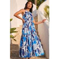 Roman Women's Petite Print Tiered Hem Maxi Dress in Blue | Size: 8