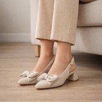 Truffle Collection Women's Heeled Slingbacks Pointed Toe Buckle Strap Linen Summer Shoes in Cream | Size: 5