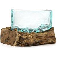 Serenityy Hand-Blown Molten Glass Bowl on Wood Stand - Medium in Blue