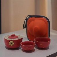 Serenityy Money Cat Ceramic Teapot Set - Red - Includes 2 Cups & Travel Case