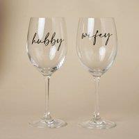 Amore by Juliana Wedding Gift Wine Glass Black Words - Set of 2 - Wifey & Hubby in Clear