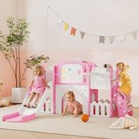 AIYAPLAY 7 in 1 Toddler Slide Set, Frog Theme Playset with Basketball Hoop in Pink