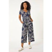 Roman Women's Petite Leaf Print Stretch Jumpsuit in Navy | Size: 10