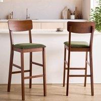 Wyld and Coco Set of 2 Walnut Rubberwood Bar Chairs with Dark Green Upholstery in Brown