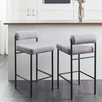 Wyld and Coco Set of 2 Grey Boucle Bar Chairs with Black Iron Legs and Roll Backrest