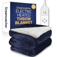 Dreamcatcher Deluxe Electric Throw Heated Double Over Blanket Soft Sherpa Micro Fleece Variable Heat & Timer Settings in Dark Blue