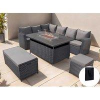 Furniture Maxi Rosen 9 Seater Rattan Garden Furniture Corner Sofa Set With Aluminum Fire Pit Dining Table & Storage Box in Black