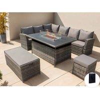 Furniture Maxi Rosen 9 Seater Rattan Garden Furniture Corner Sofa Set With Aluminum Fire Pit Dining Table & Storage Box in Grey