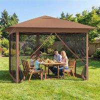 Gymax Instant Pop Up Gazebo 350cm Mesh Screen 4 Doors Camping Picnic Shelter in Brown