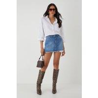 MissPap Women's Denim Mini Skirt With Exposed Pocket Lining in Mid Wash | Size: 10
