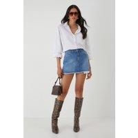 MissPap Women's Denim Mini Skirt With Exposed Pocket Lining in Mid Wash | Size: 16