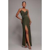 Goddiva Women's Wrap Front Maxi Slip Dress With Waist Tie in Olive | Size: 8