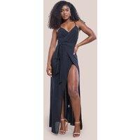 Goddiva Women's Wrap Front Maxi Slip Dress With Waist Tie in Black | Size: 8