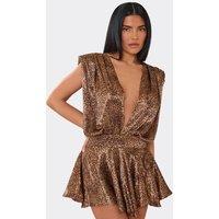 EGO Women's Short Sleeve Plunging Neckline Open Back Leopard Print Mini Playsuit in Terracotta | Size: 10