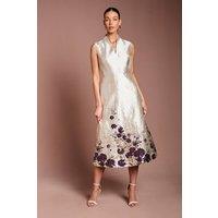 Coast Women's Notch Neck Floral Border Print Jacquard Midi Dress in Champagne | Size: 8