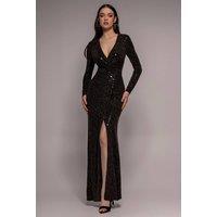 Goddiva Women's Glitter Sparkling Long Sleeve Wrap Maxi Dress in Black | Size: 14