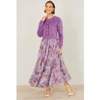 Yumi Women's Floral Ruffle Mesh Midi Skirt in Lilac | Size: 14