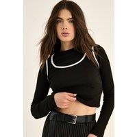 NastyGal Women's Double Layer Contract Colour Long Sleeve Ribbed Top in Black | Size: 10