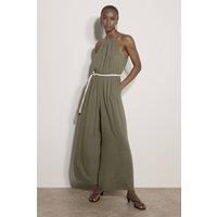 Apricot Women's Linen Blend Wide-Leg Jumpsuit in Khaki | Size: 18