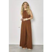 Apricot Women's Linen Blend Wide-Leg Jumpsuit in Brown | Size: 14
