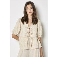 Apricot Women's Eyelash Embroidery Linen Blend Blouse in Stone | Size: 10
