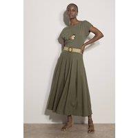 Apricot Women's Boho Belted Midi Skirt in Khaki | Size: 8