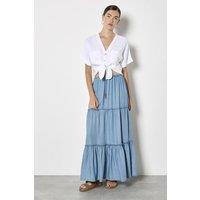 Apricot Women's Denim Tiered Maxi Skirt in Blue | Size: 8