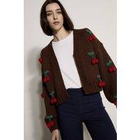 Apricot Women's Chunky Knit Cherry Cardigan in Brown | Size: 14