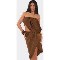 EGO Women's Asymmetric Sleeveless Bandeau Ruched Satin Midi Top in Dark Brown | Size: 10