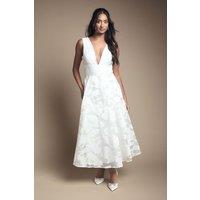 Coast Women's Plunge Neck Jacquard Midi Wedding Dress in Ivory | Size: 18