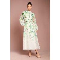 Coast Women's Long Sleeve Placement Print Organza Midi Dress in Ivory | Size: 8