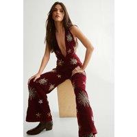 NastyGal Women's Star Embellished Velvet Halter Jumpsuit in Wine | Size: 6