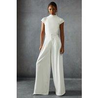 MissPap Women's Tailored High Waisted Button Detail Trousers in Ivory | Size: 12