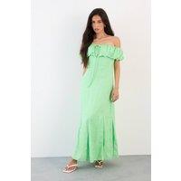 Warehouse Women's Viscose Satin Jacquard Bardot Godet Insert Milkmaid Midi Dress in Green | Size: 12