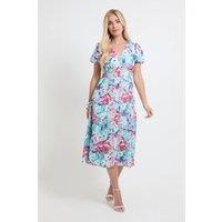 Wallis Women's Petite Floral Burn Out Ruched Sleeve Midi Dress in Green | Size: 16