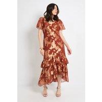 Wallis Women's Metallic Ruffle Hem Midi Dress in Rust | Size: 12