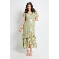 Wallis Women's Metallic Ruffle Hem Midi Dress in Sage | Size: 12