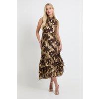 Wallis Women's Petite Metallic Ruffle Hem Maxi Dress in Chocolate | Size: 12