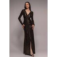Goddiva Women's Glitter Sparkling Long Sleeve Wrap Maxi Dress in Rose Gold | Size: 14