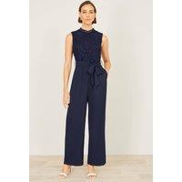 Yumi Women's Navy Lace Sleeveless Jumpsuit | Size: 14
