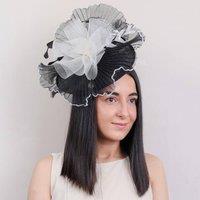 PEACH ACCESSORIES Women's Two-Tone Pleated Mesh Fascinator with Quill Detail in Black