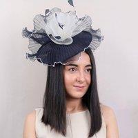 PEACH ACCESSORIES Women's Two-Tone Pleated Mesh Fascinator with Quill Detail in Navy