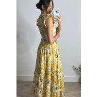 Style Cheat Women's Indie Cut-Out Frill Maxi Dress in Lemon Floral in Yellow | Size: 12
