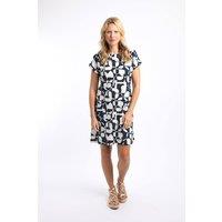 Weird Fish Women's Orlando Printed Linen Rich Shift Dress in Mid Navy | Size: 22