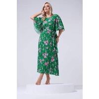 Yours Women's Floral Pleated Maxi Dress in Green | Size: 24