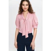 Love Lace Women's V Neck Tie Viscose Blouse with Puff Sleeves in Pink | Size: 42