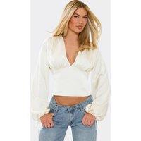 EGO Women's Long Sleeve Plunging Neckline Satin Top in White | Size: 6