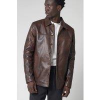Barneys Originals Men's Button Up Leather Reefer Jacket in Brown | Size: Large