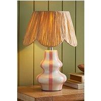 ValueLights Perrie Ceramic Pink Stripe Table Lamp with Raffia Lamp Shade